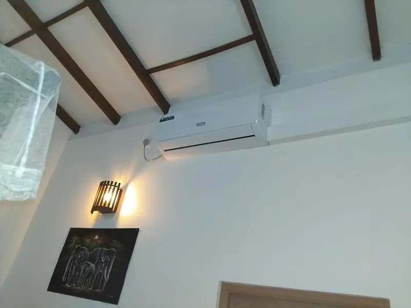 Timber-beamed ceiling, wall-mounted air conditioner and a framed elephant print in the room